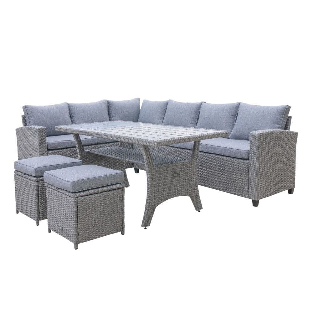 stockholm dining loungeset met hockers 8 personen | wicker | grijs | 5 delig 245x169cm