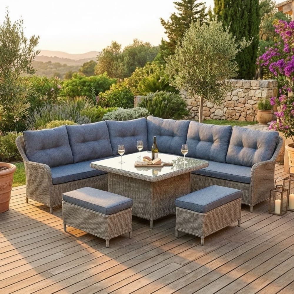 arizona dining loungeset 7 personen | wicker + aluminium | ash grey | 6 delig 245x245cm