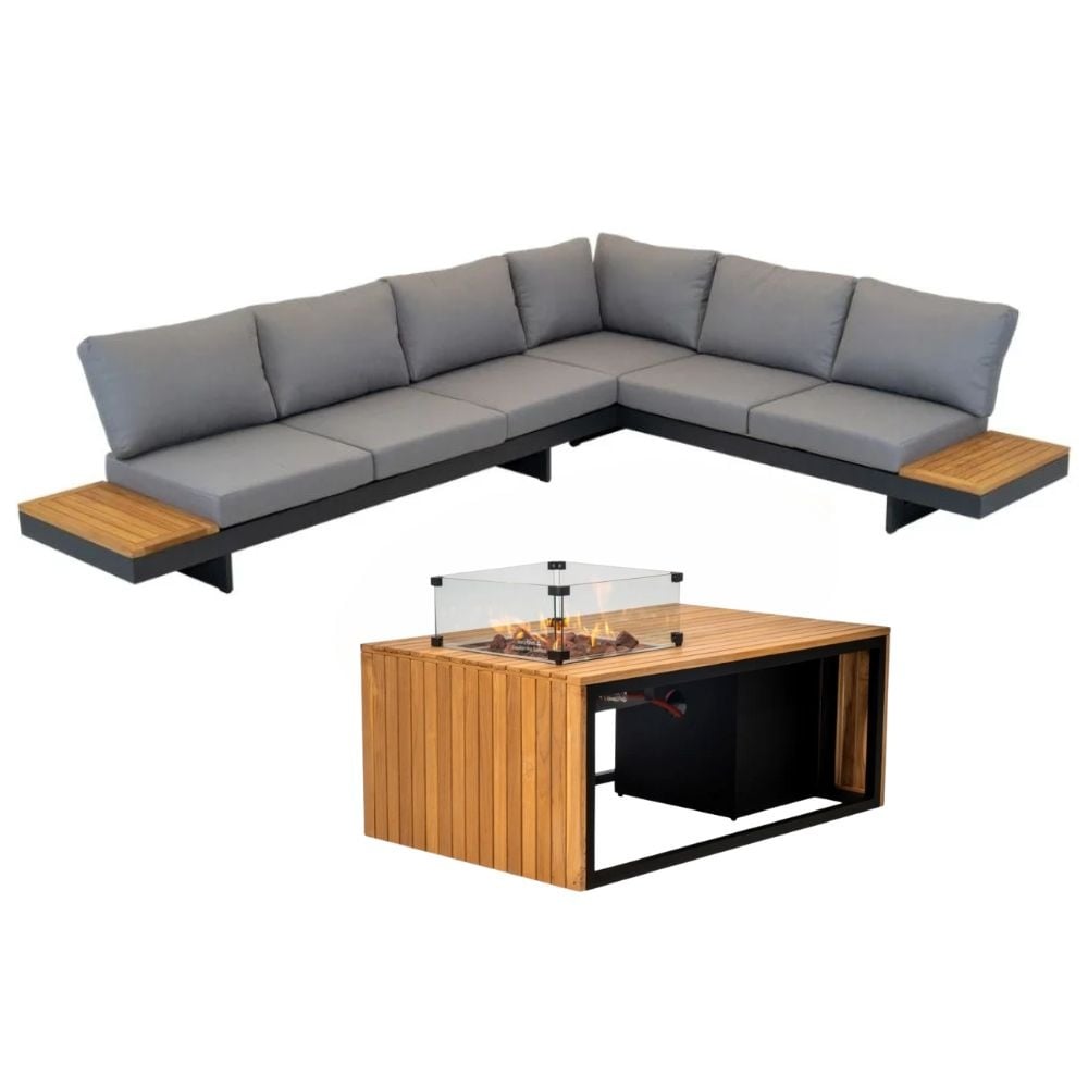 barbados/mida hoek loungeset met vuurtafel 6 personen | aluminium + teakhout | antraciet | 5 delig 323x245cm