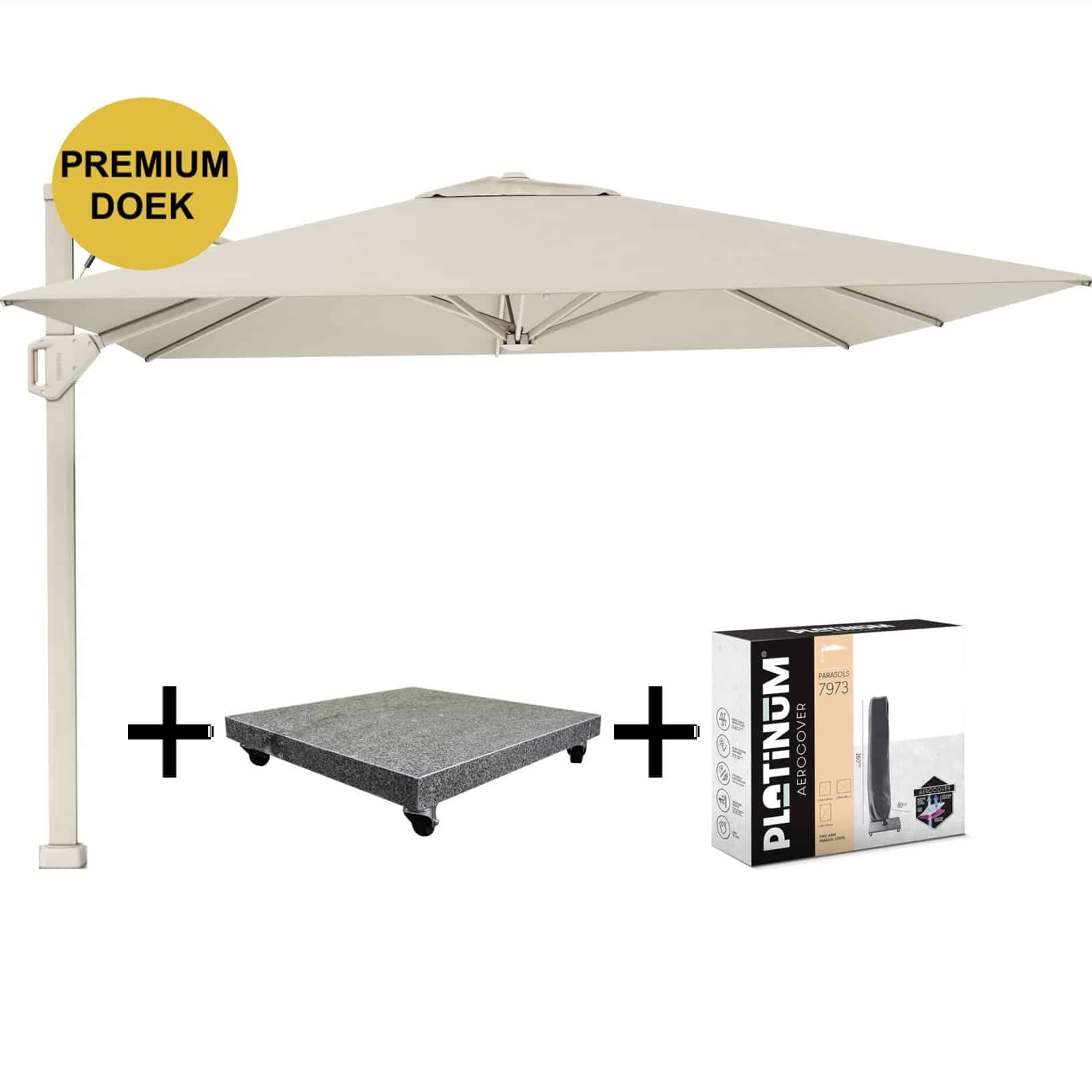 beaufort premium zweefparasol 320×320 cm champagne met parasolvoet 120kg en hoes