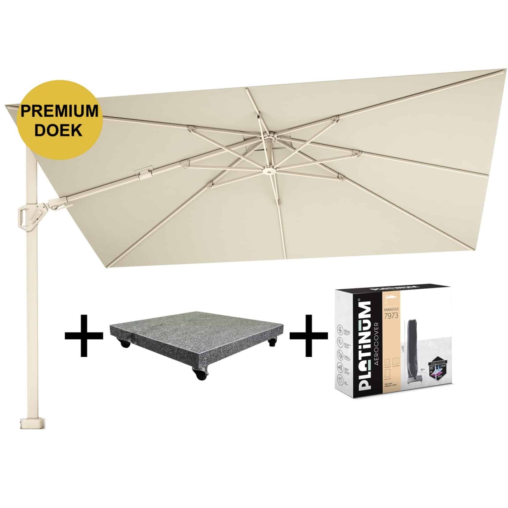 challenger t2 premium zweefparasol 260×350 cm sandstone champagne met parasolvoet 90kg en hoes