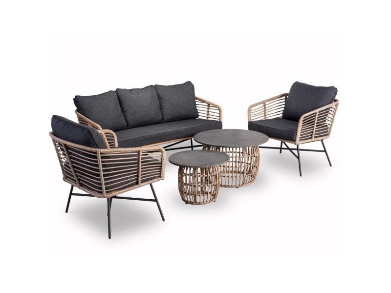 Flow stoel-bank loungeset 5 personen | wicker + betonlook | bamboo antraciet | 3-delig