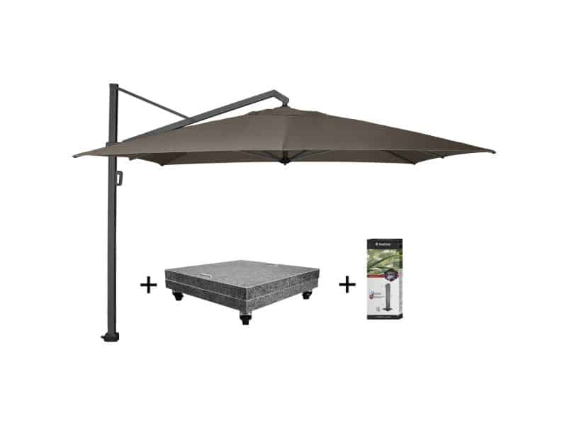 Icon premium zweefparasol 350x350 cm havanna met 150 KG voet en hoes