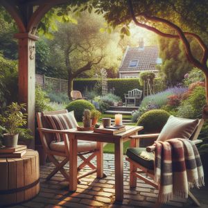 Gezellige tuin met houten meubels en groene planten