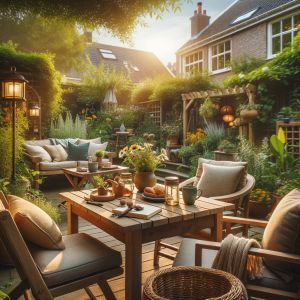 Gezellige tuin met houten meubels en bloemen in zonlicht