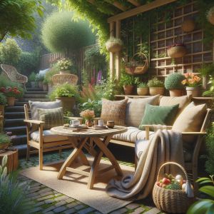 Gezellige zithoek in zonnige tuin met planten