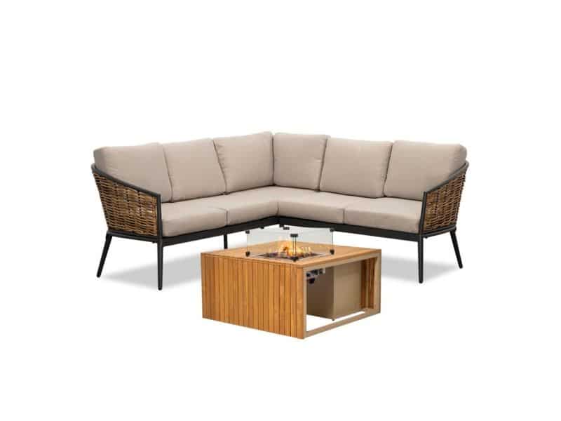 Lucca/Mida hoek loungeset met vuurtafel 4 personen | wicker + aluminium | zand | 3-delig - 196x196cm