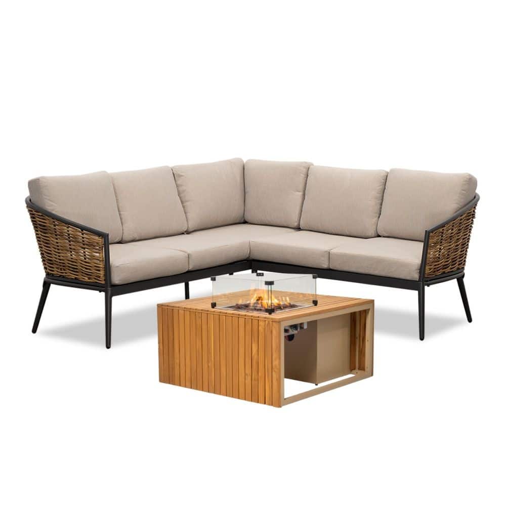 lucca/mida hoek loungeset met vuurtafel 4 personen | wicker + aluminium | zand | 3 delig 196x196cm