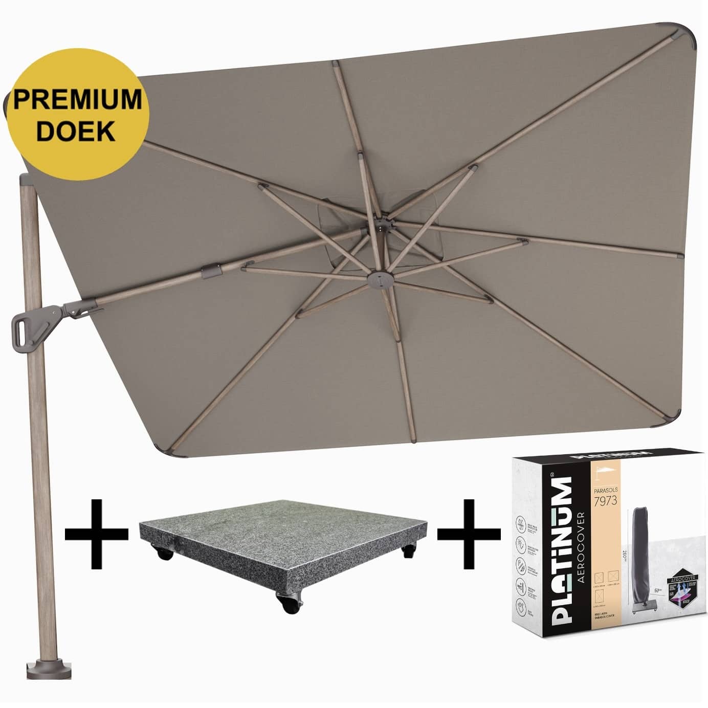 nexus t2 premium zweefparasol 300×300 cm mocha mast havana met parasolvoet 90kg en hoes