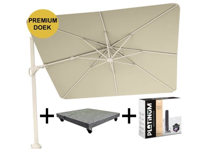 Nexus T2 premium zweefparasol 300x300 cm sand stone mast Champagne met parasolvoet 90kg en hoes