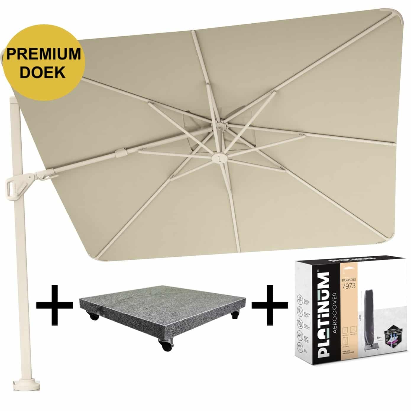 nexus t2 premium zweefparasol 300×300 cm sand stone mast champagne met parasolvoet 90kg en hoes