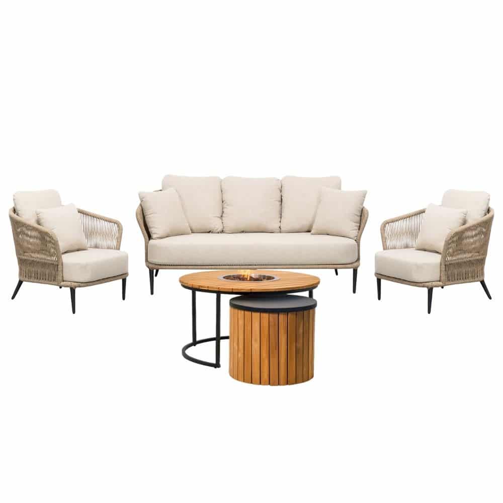 palermo/roundi stoel bank loungeset met vuurtafel 5 personen | aluminium + touw | sahara dust | 5 delig