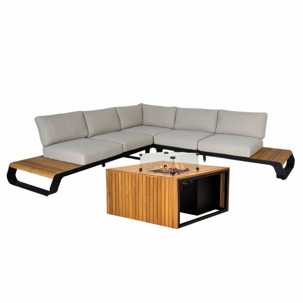 palm springs/mida hoek loungeset 5 personen | aluminium + hardhout | met vuurtafel | 4 delig 267x267cm