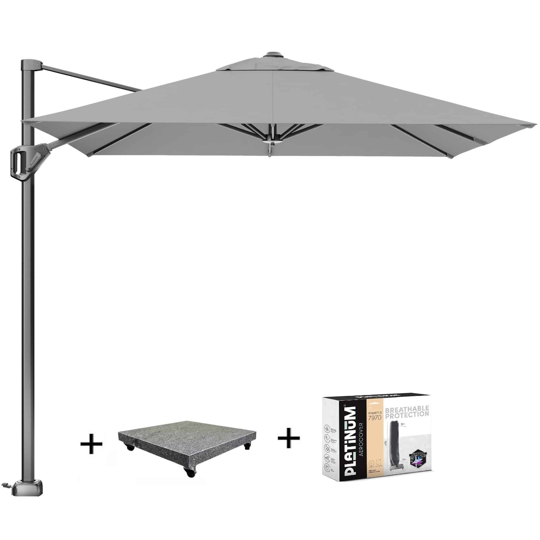 voyager t1 zweefparasol 250×250 cm lichtgrijs met 75kg voet en hoes