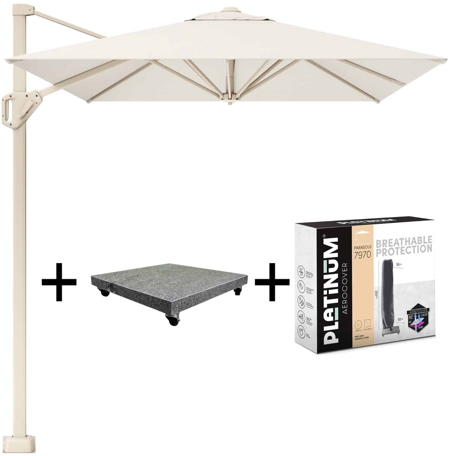 voyager t1 zweefparasol 250×250 cm sandstone ivory met 75kg voet en hoes