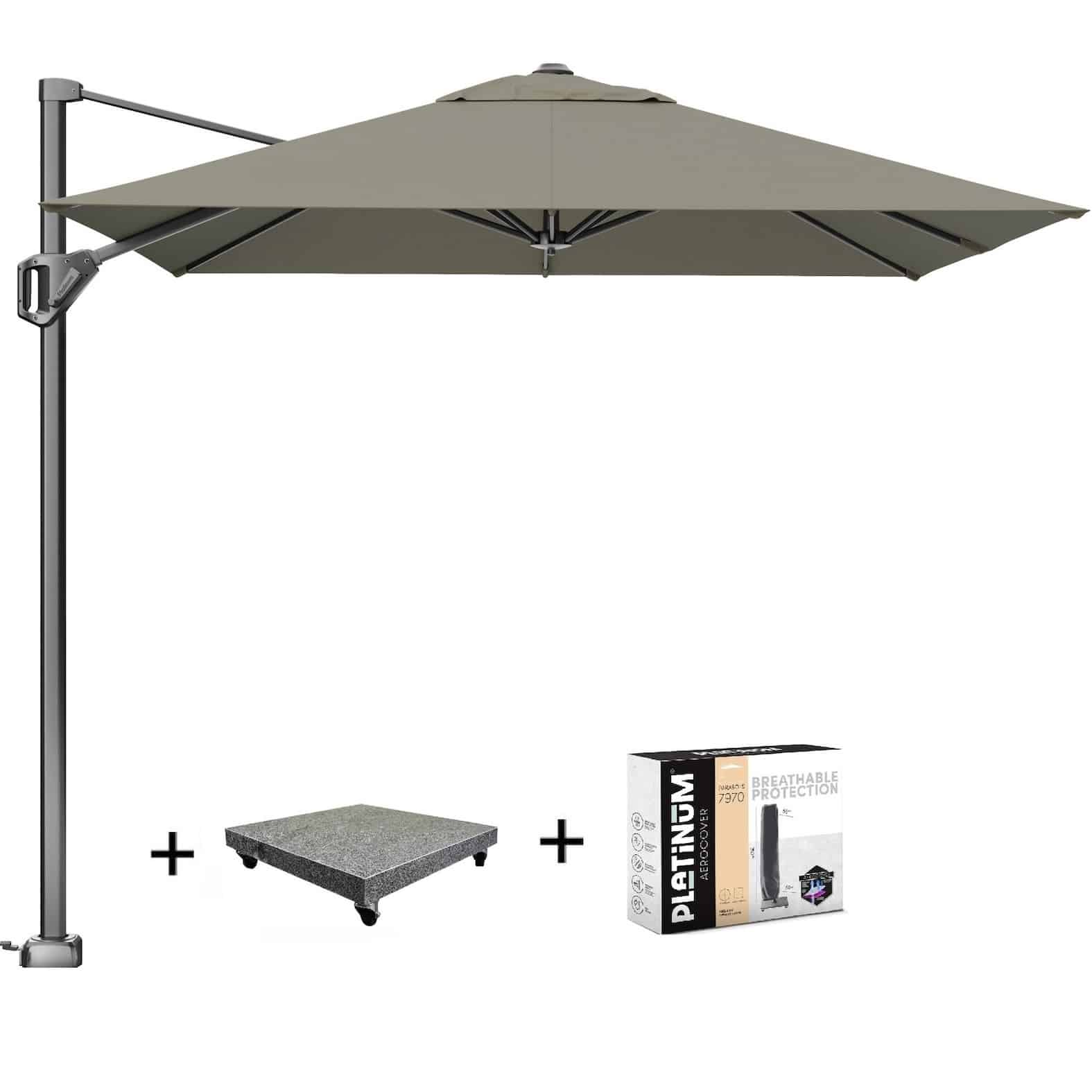 voyager t1 zweefparasol 250×250 cm taupe met 75kg voet en hoes