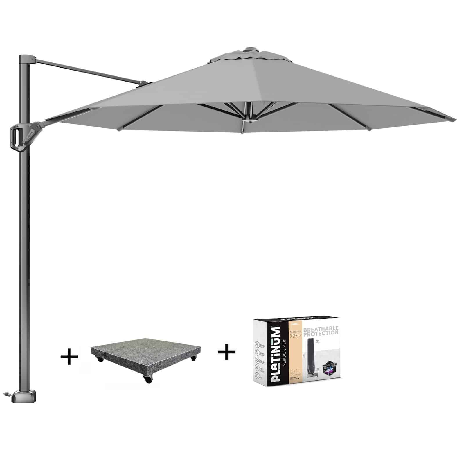 voyager t1 zweefparasol 300 cm rond lichtgrijs met 75kg voet en hoes