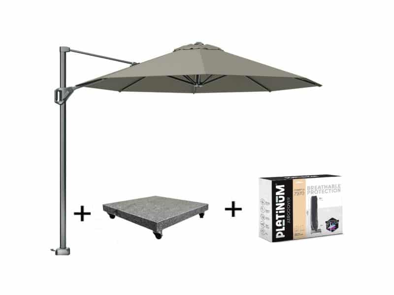 Voyager T1 zweefparasol 300 cm rond taupe met 75KG voet en hoes
