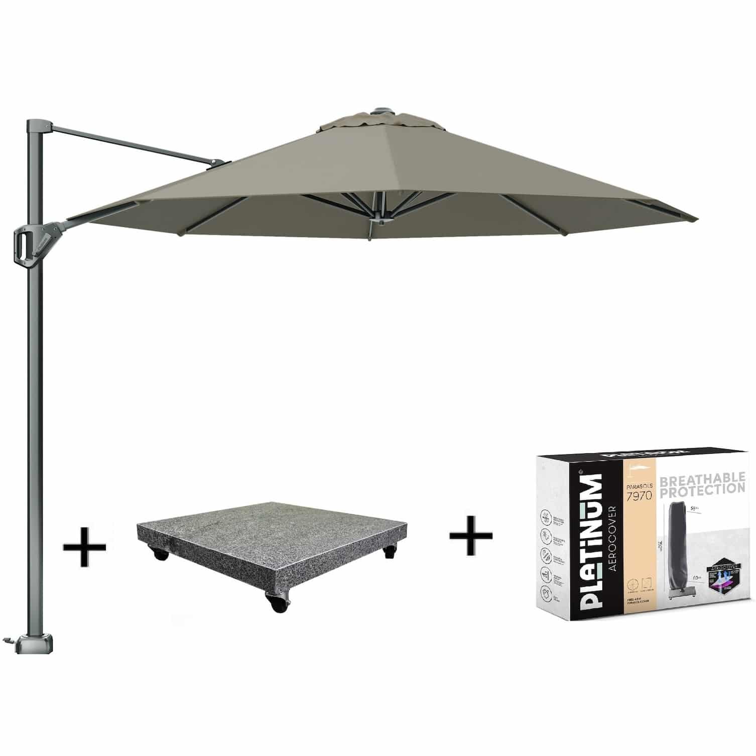 voyager t1 zweefparasol 300 cm rond taupe met 75kg voet en hoes