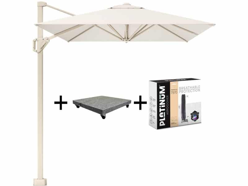 Voyager T1 zweefparasol 300x200 cm sandstone ivoor met 75kg voet en hoes