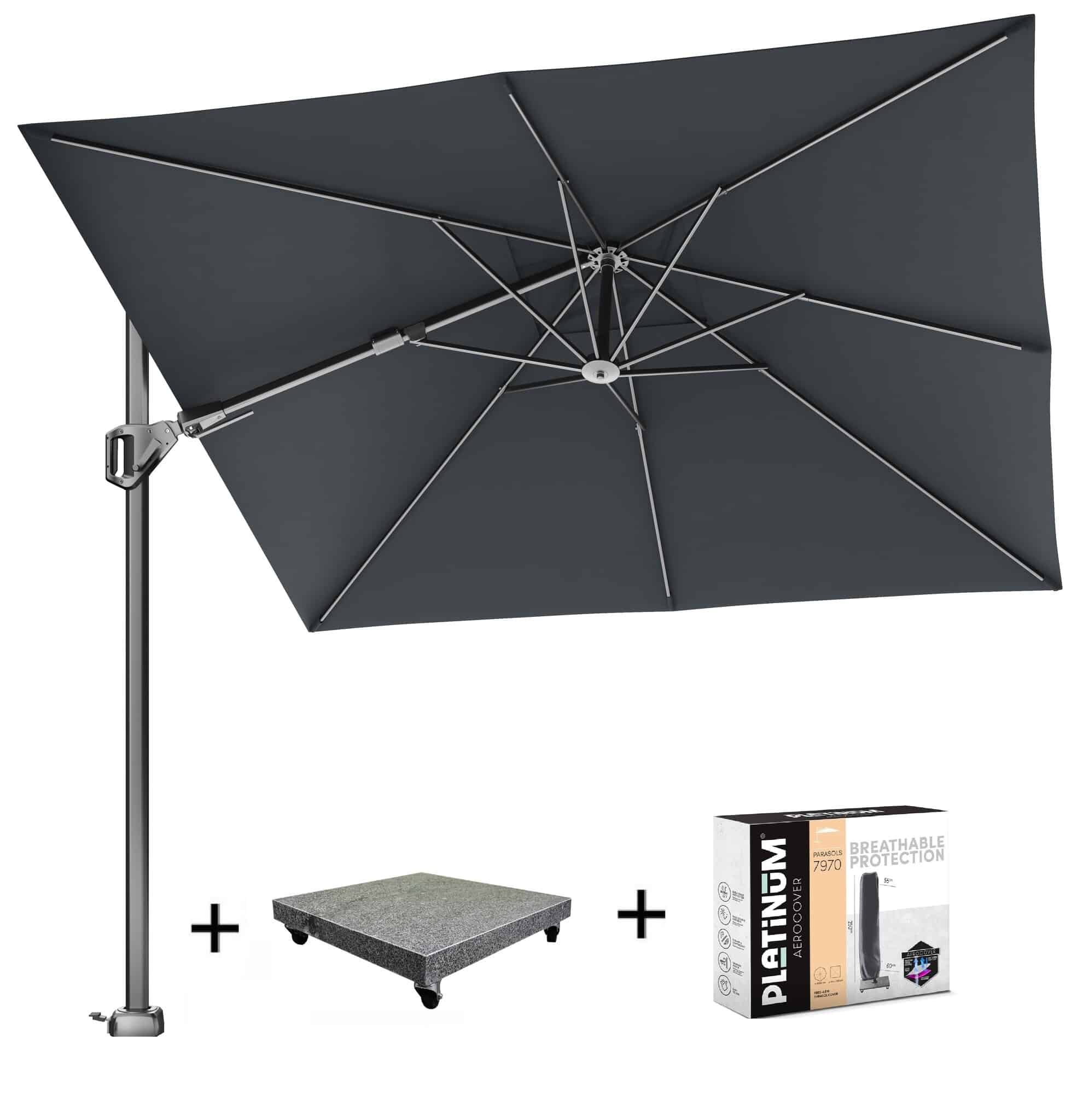 voyager t2 zweefparasol 270×270 cm faded black met 90kg voet en hoes