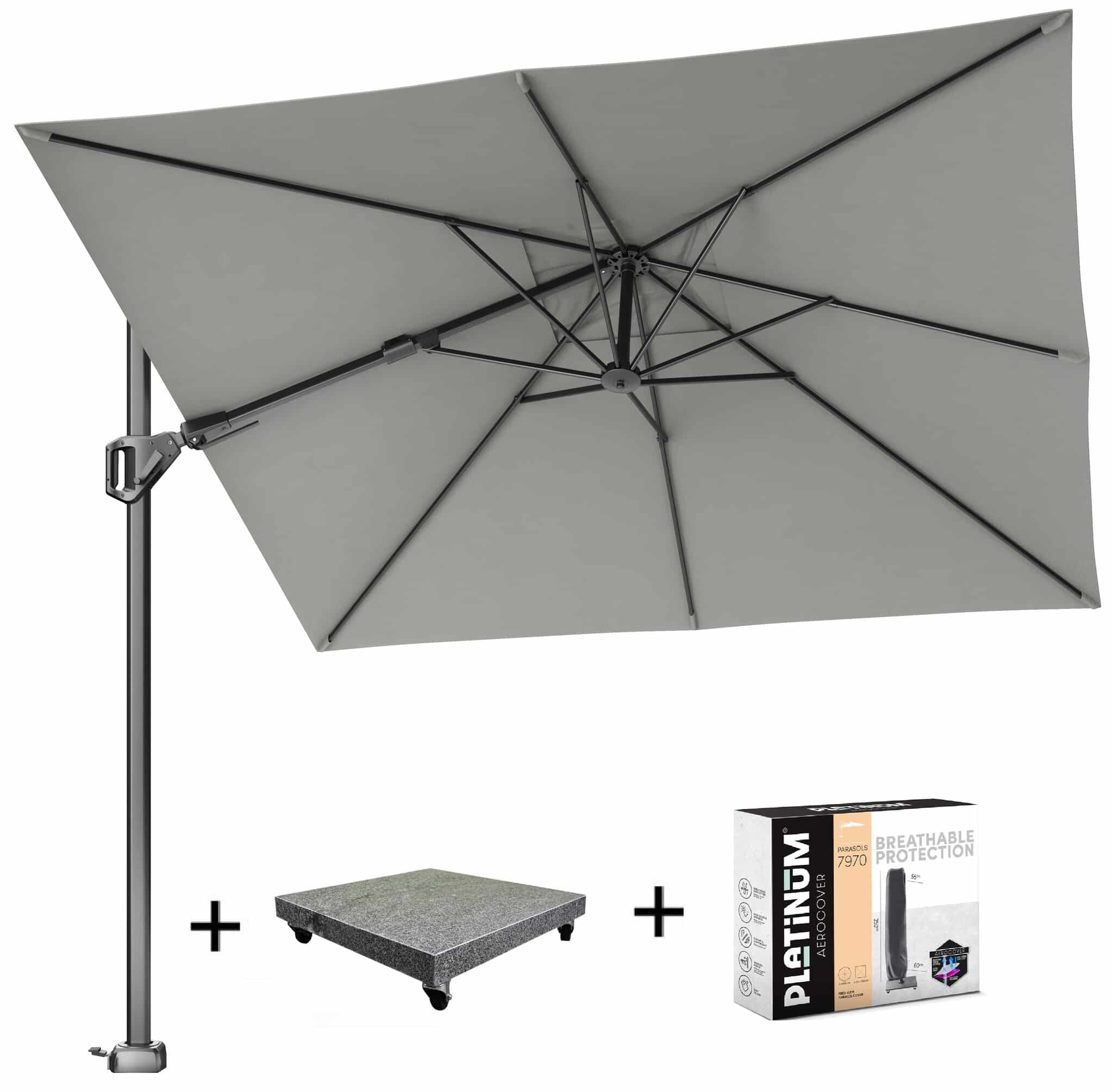 voyager t2 zweefparasol 270×270 cm manhattan met 90kg voet en hoes