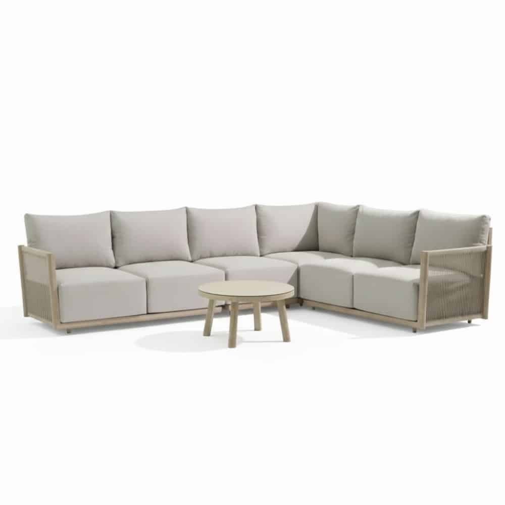 beau hoek loungeset 6 personen incl. tafel 70cm rond | aluminium + touw | grijs | 5 delig 304x234cm