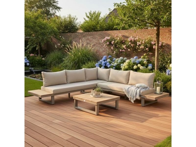 Canyon hoek loungeset 5 personen incl. tafel | aluminium + hardhout | beige | 5-delig - 288x288cm