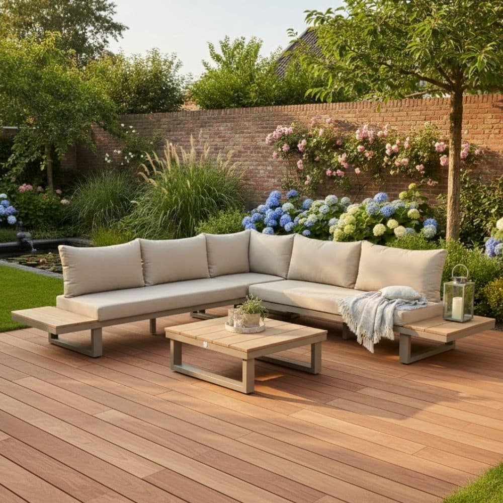 canyon hoek loungeset 5 personen incl. tafel | aluminium + hardhout | beige | 5 delig 288x288cm