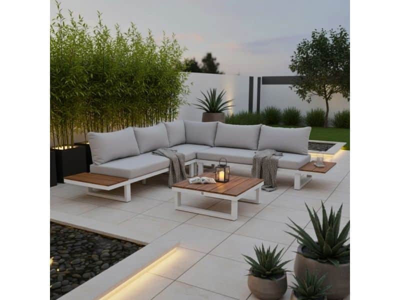 Canyon hoek loungeset 5 personen incl. tafel | aluminium + hardhout | wit/Light Teaklook | 5-delig