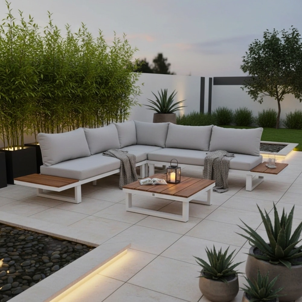 canyon hoek loungeset 5 personen incl. tafel | aluminium + hardhout | wit/light teaklook | 5 delig