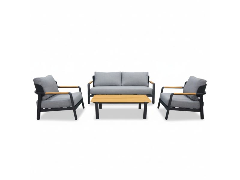Marbella stoel-bank loungeset 4 personen | aluminium + teak | antraciet | 4-delig