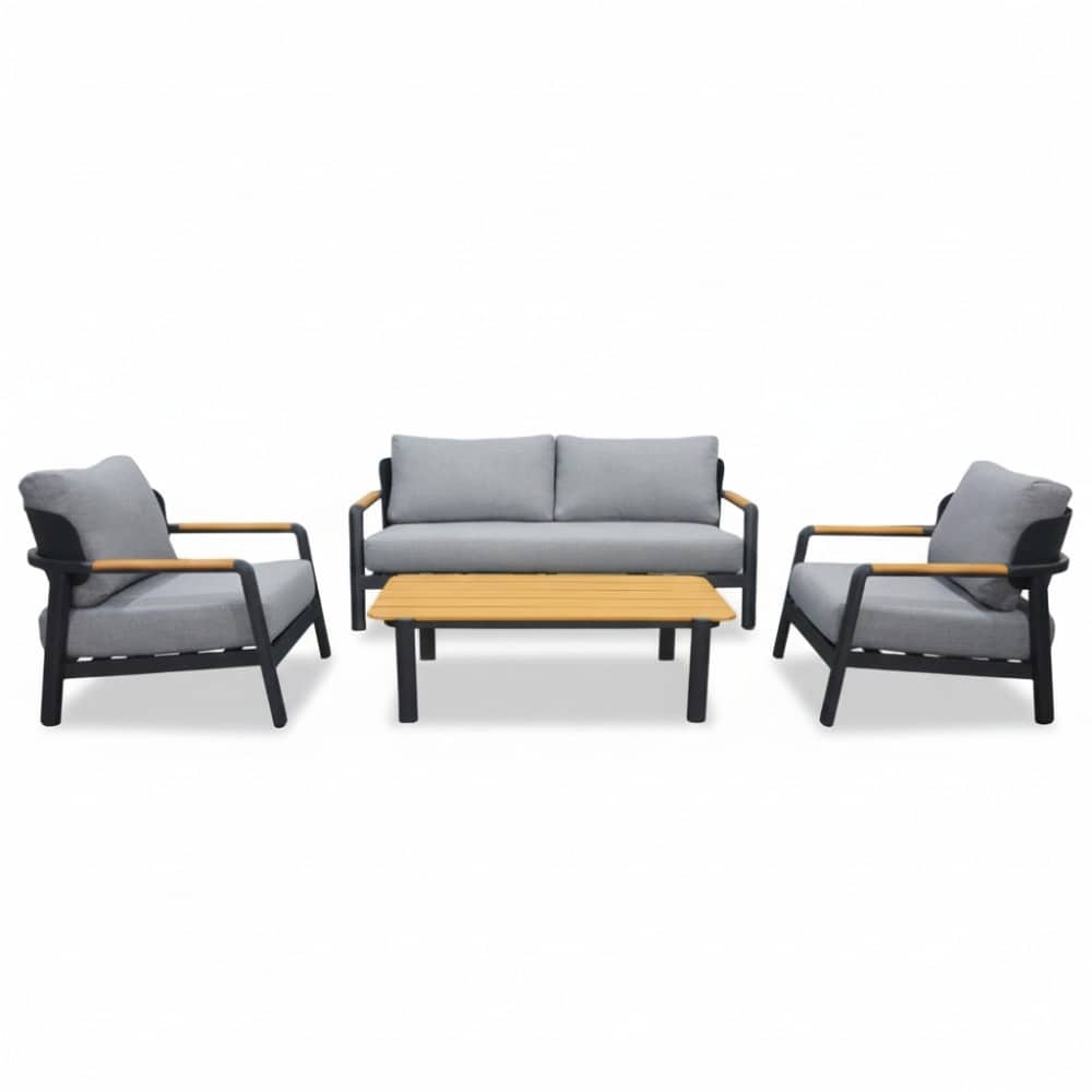 marbella stoel bank loungeset 4 personen | aluminium + teak | antraciet | 4 delig