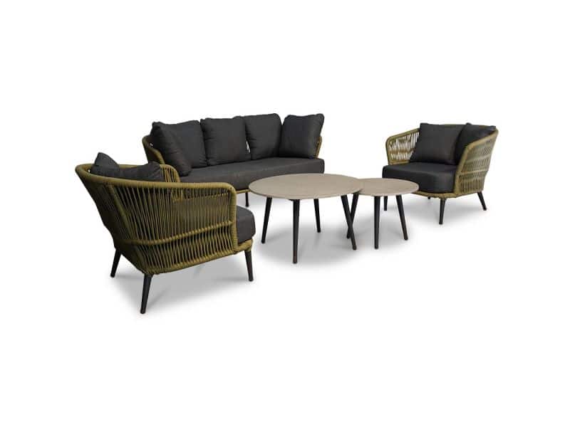 Palermo stoel-bank loungeset met betonlook tafel 5 personen | aluminium + touw | olijfgroen | 5-delig