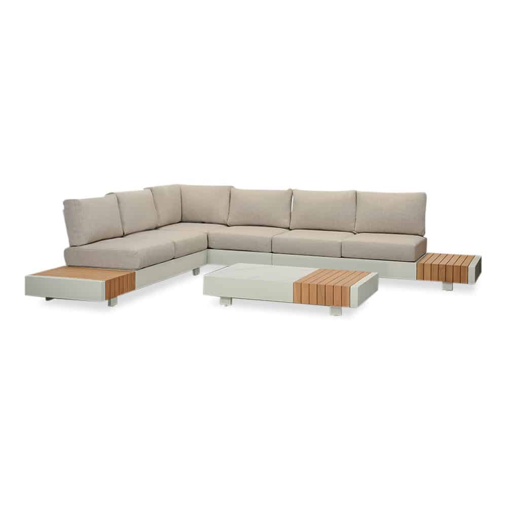 verona hoek loungeset met all weather kussens 6 personen | aluminium + teakhout | beige | 4 delig 345x275cm