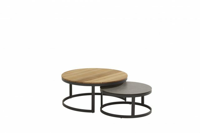 4so stonic set van 2 salontafels, 80 cm. rond teak en 60 cm. rond keramiek