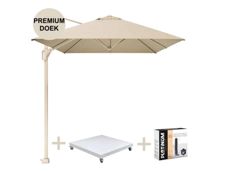 Challenger T1 premium parasol 400x300 cm sandstone champagne met zandkleur 120 KG voet en hoes