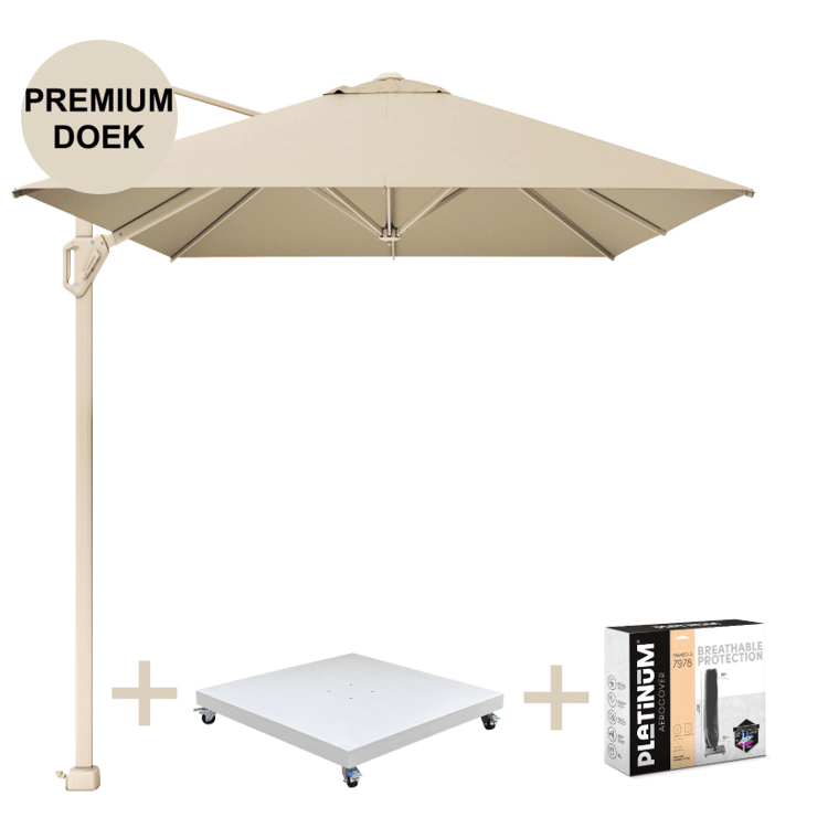challenger t1 premium parasol 400×300 cm sandstone champagne met zandkleur 120 kg voet en hoes