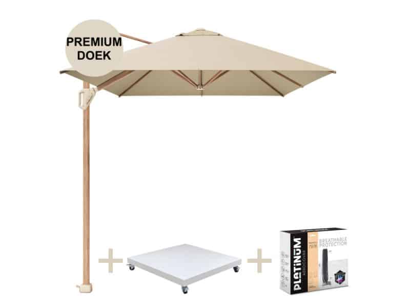Challenger T1 premium parasol 400x300 cm teak champagne met zandkleur 120 KG voet en hoes
