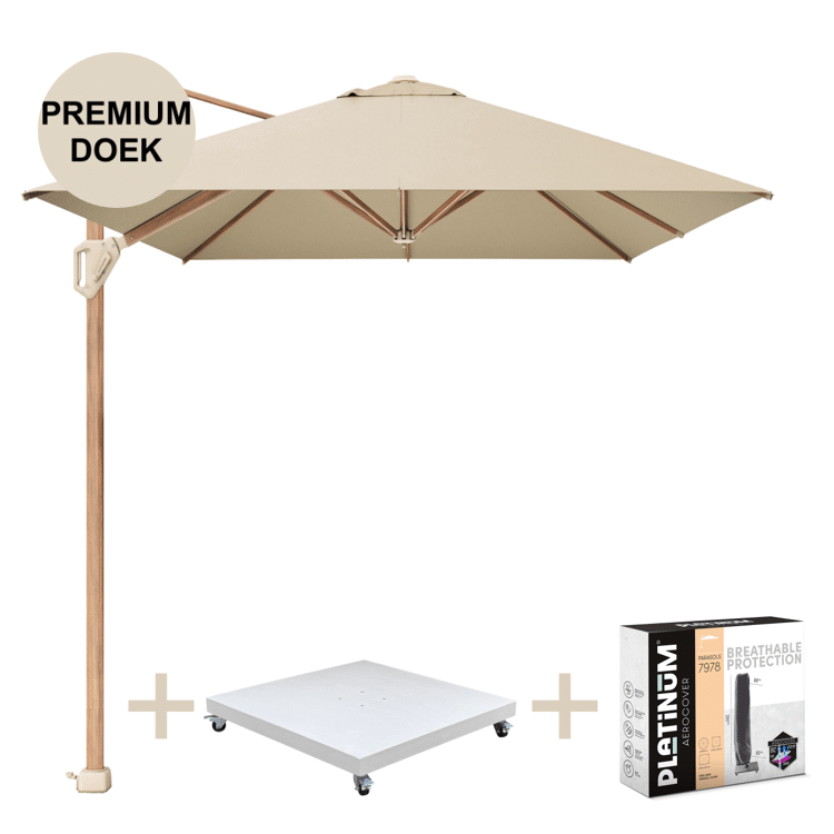 challenger t1 premium parasol 400×300 cm teak champagne met zandkleur 120 kg voet en hoes