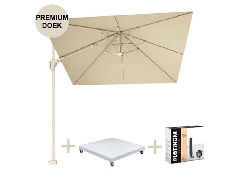 Challenger T2 premium parasol 300x300 cm sandstone champagne met zandkleur 90KG voet en hoes