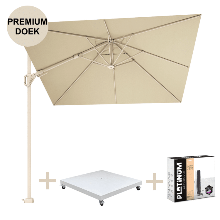 challenger t2 premium parasol 300×300 cm sandstone champagne met zandkleur 90kg voet en hoes