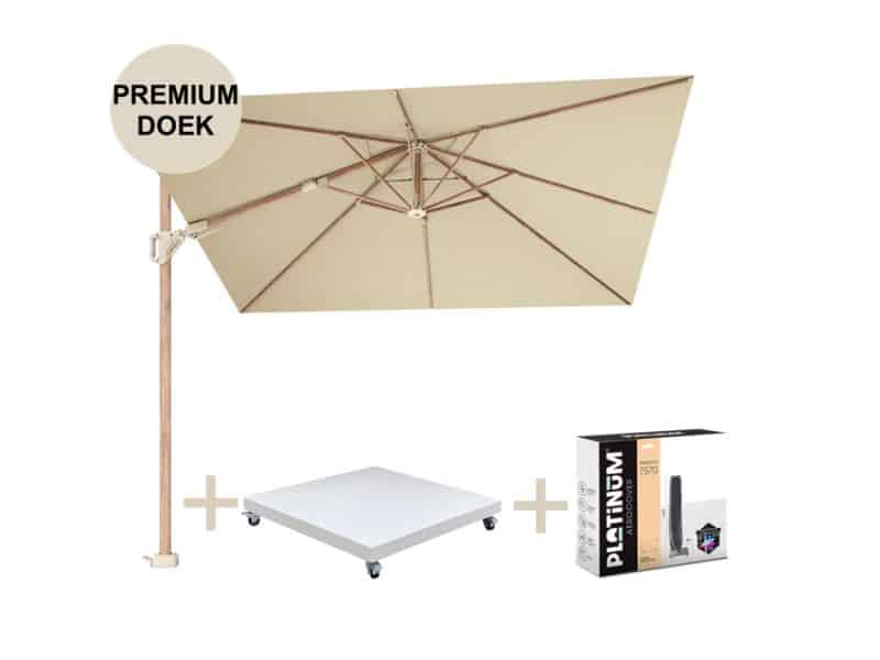Challenger T2 premium parasol 300x300 cm teak champagne met zandkleur 90kg voet en hoes