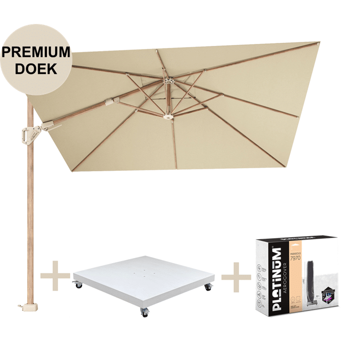 challenger t2 premium parasol 300×300 cm teak champagne met zandkleur 90kg voet en hoes