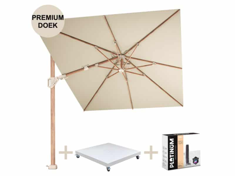 Challenger T2 premium parasol 350x260 cm teak champagne met zandkleur 90kg voet en hoes