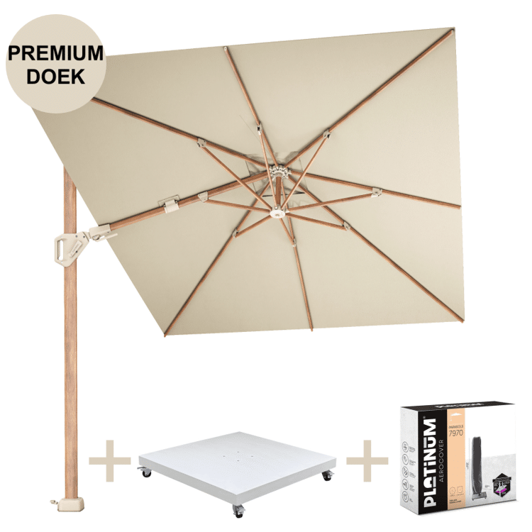 challenger t2 premium parasol 350×260 cm teak champagne met zandkleur 90kg voet en hoes