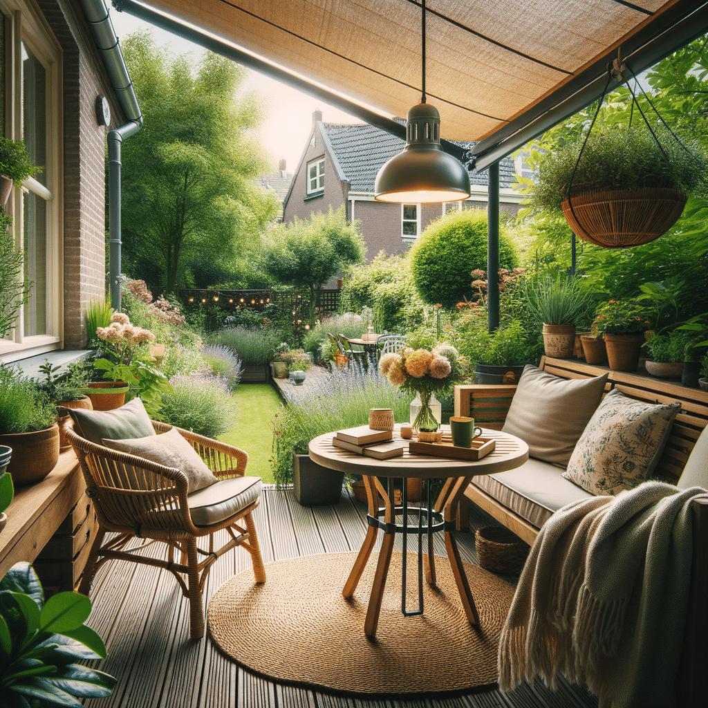 Gezellige tuin met zithoek en groene planten