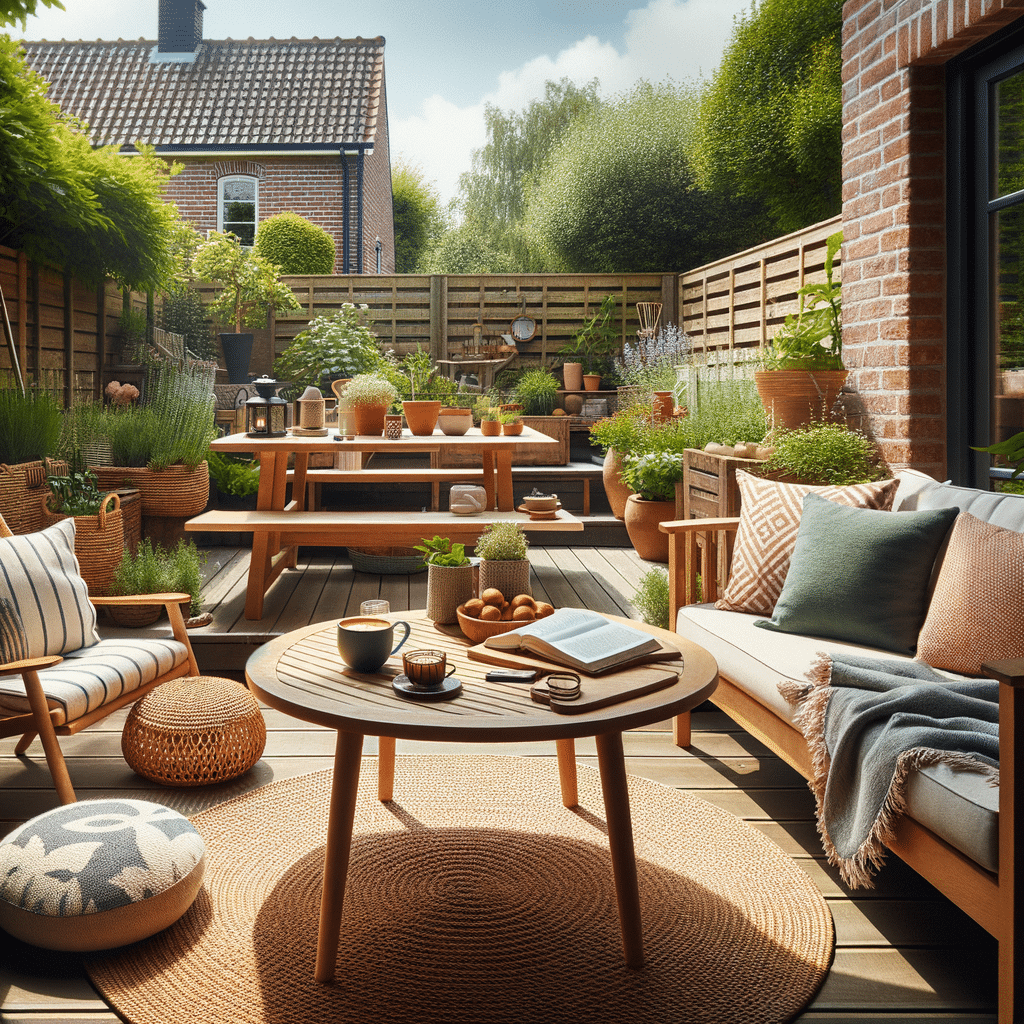 Zonnig terras met houten meubels en groene planten