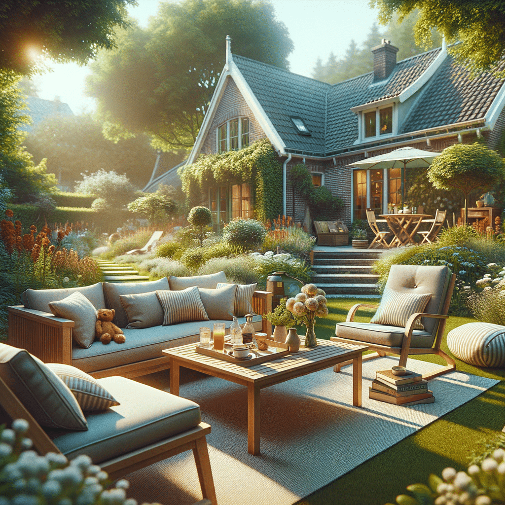 Zonnige tuin met comfortabele loungeset bij huis