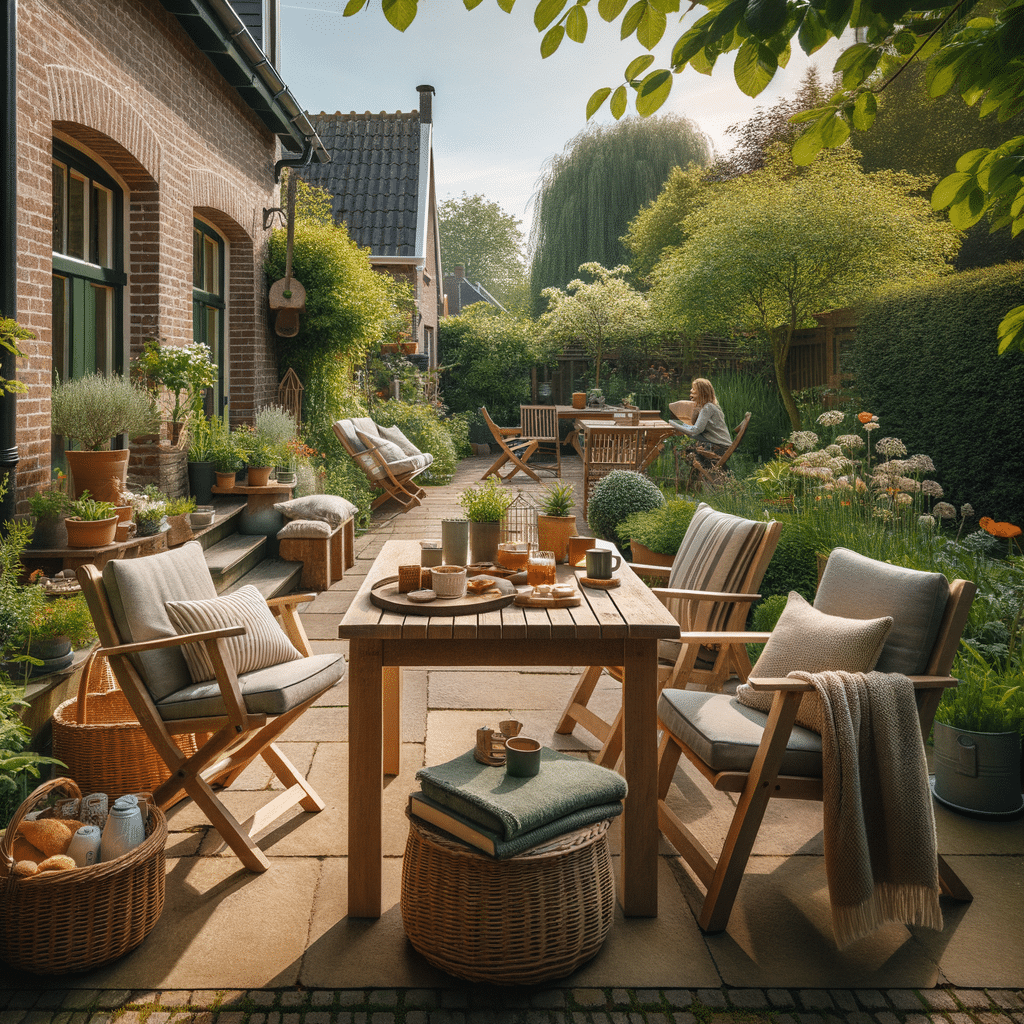 Zonnige tuin met houten meubels en groene planten